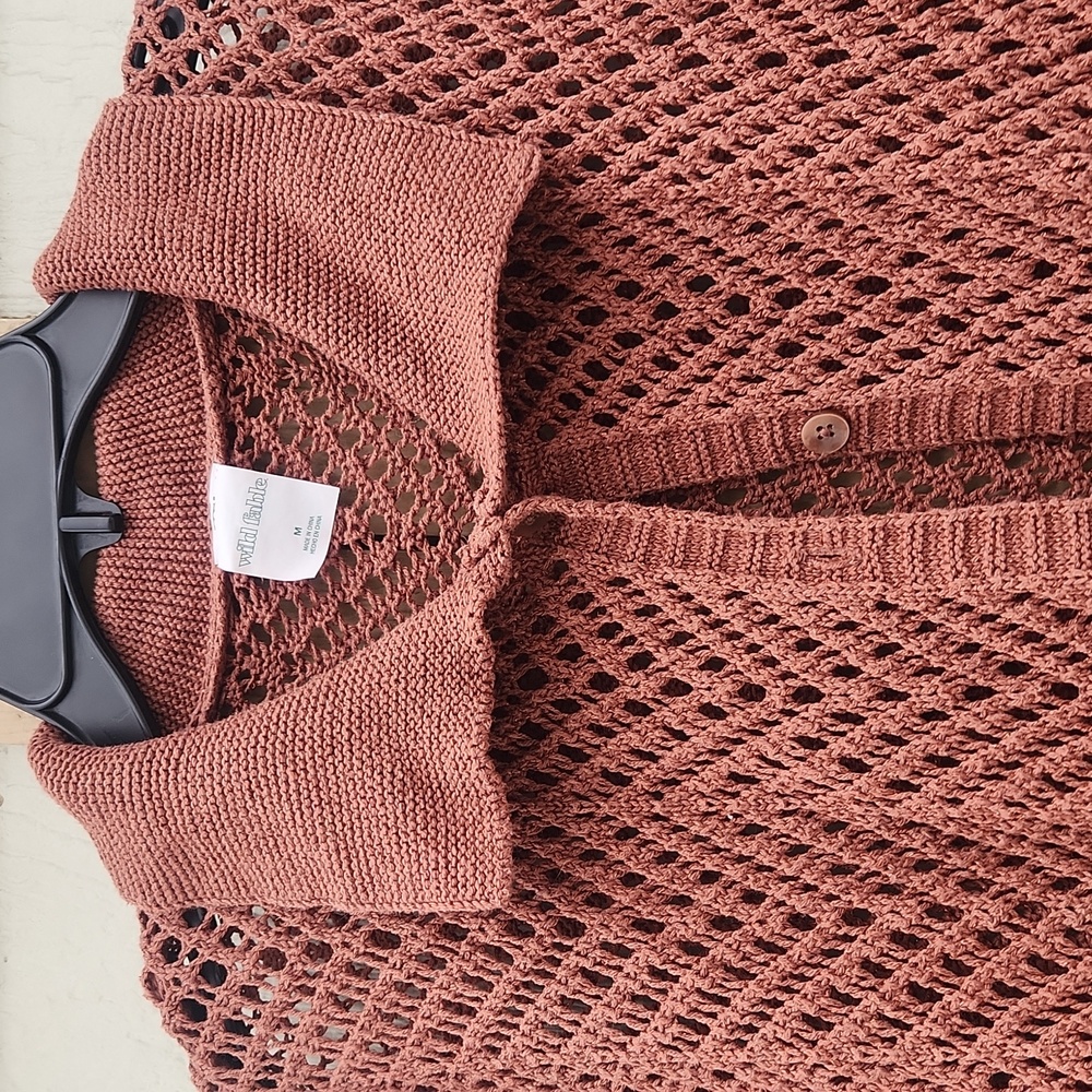 Open Knit Crocheted Fisherman Coastal Airy Grandpa Sweater Medium Earthy Shimmer - Picture 3 of 4